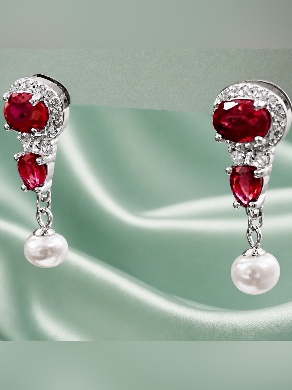 Genuine Ruby and Pearl Earrings. Rhodium over 925 Sterling Silver. Clear rubies.